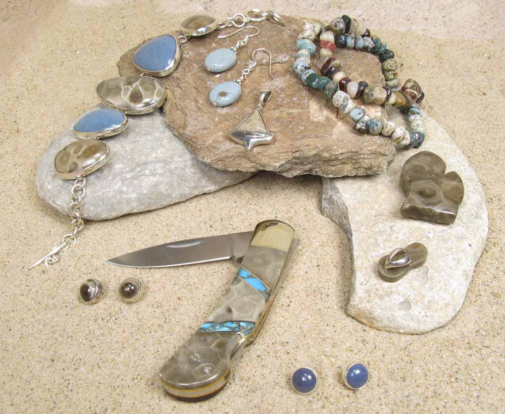 <p>A collection of Michigan beach stone jewelry by Traverse City jeweler, Kevin Gauthier</p>
